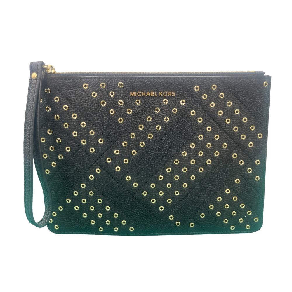 Michael Kors Jet Set Travel  XL Zip Clutch in Black With Gold Studs